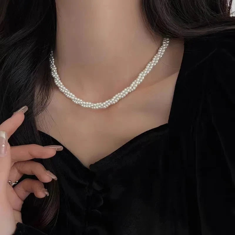 Vintage Multi-layer Imitation Pearl Short Choker Necklace For Women Elegant Handmade Beads Clavicle Chain Wedding Jewelry