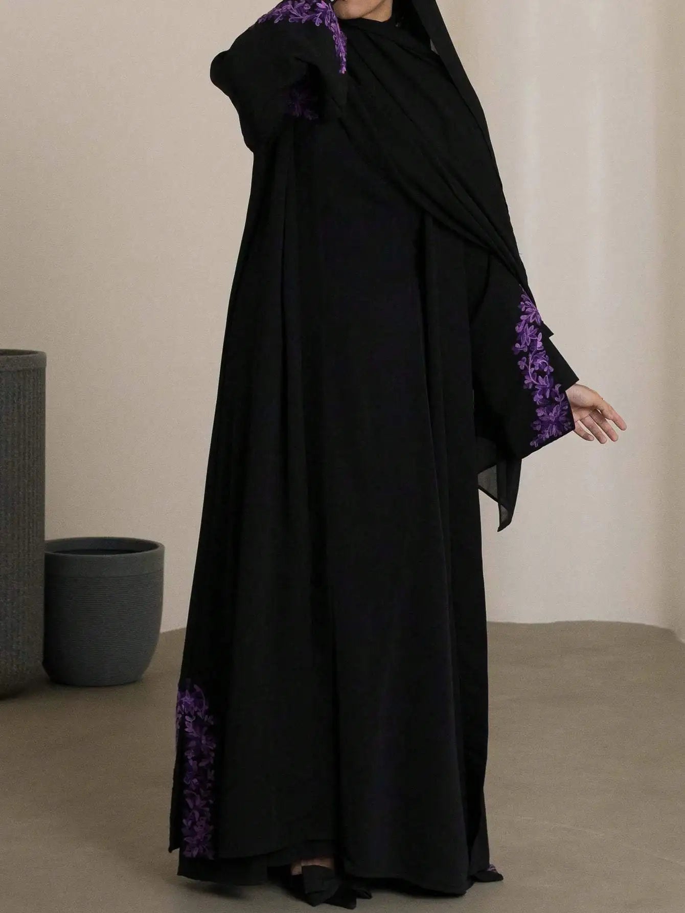 Purple Embroidered Loose Abaya - Long Sleeve Kaftan
