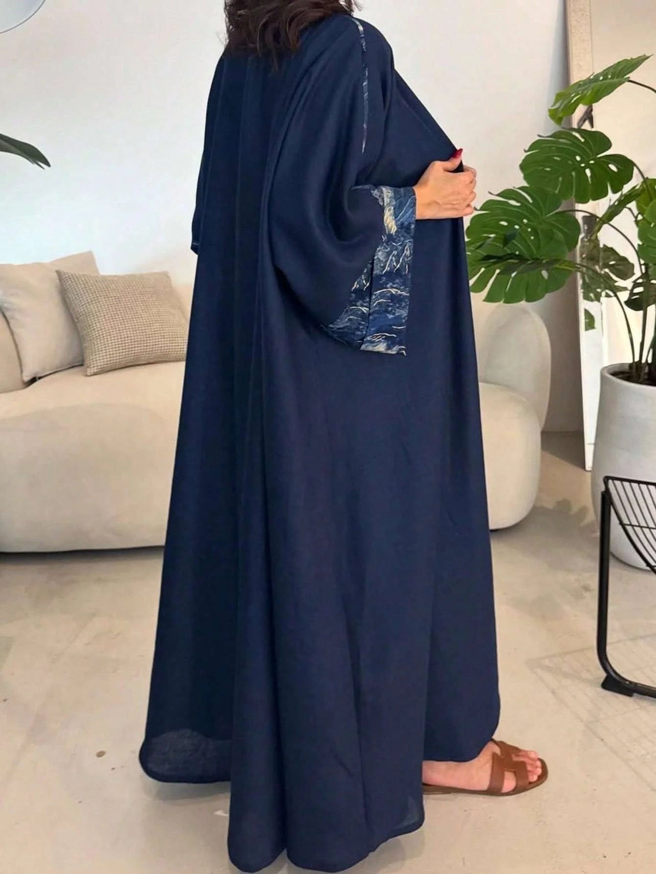 Elegant Navy Blue Abaya with Beautiful Sleeves - Open Front