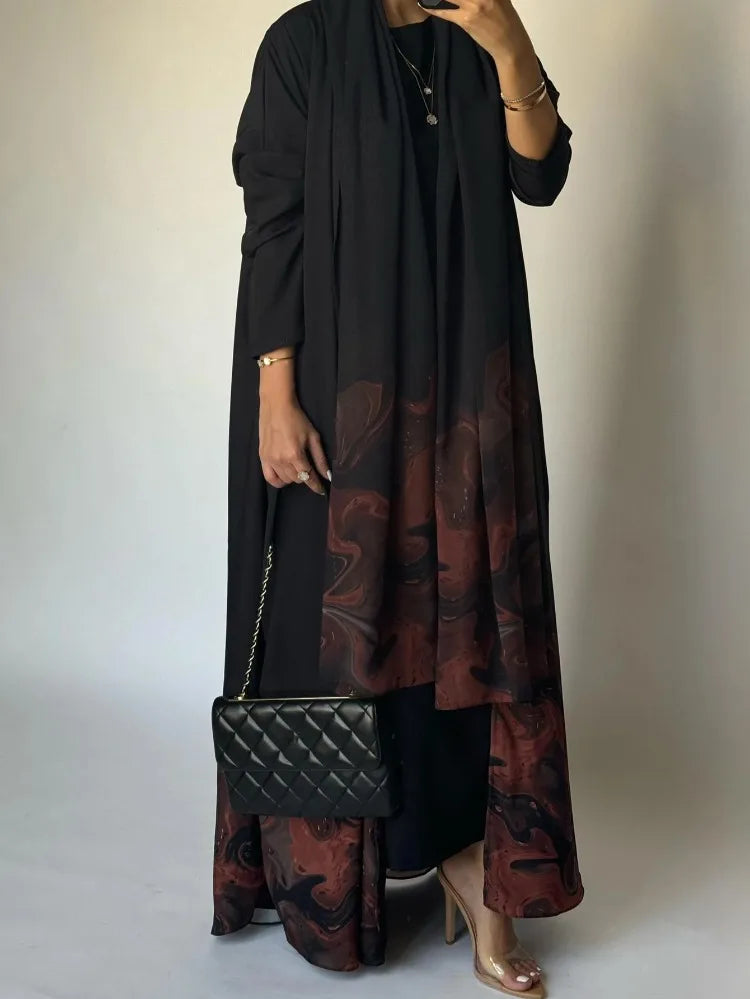 Black Abaya with Beautiful Small Print - Full Sleeve Open Front Jilbab