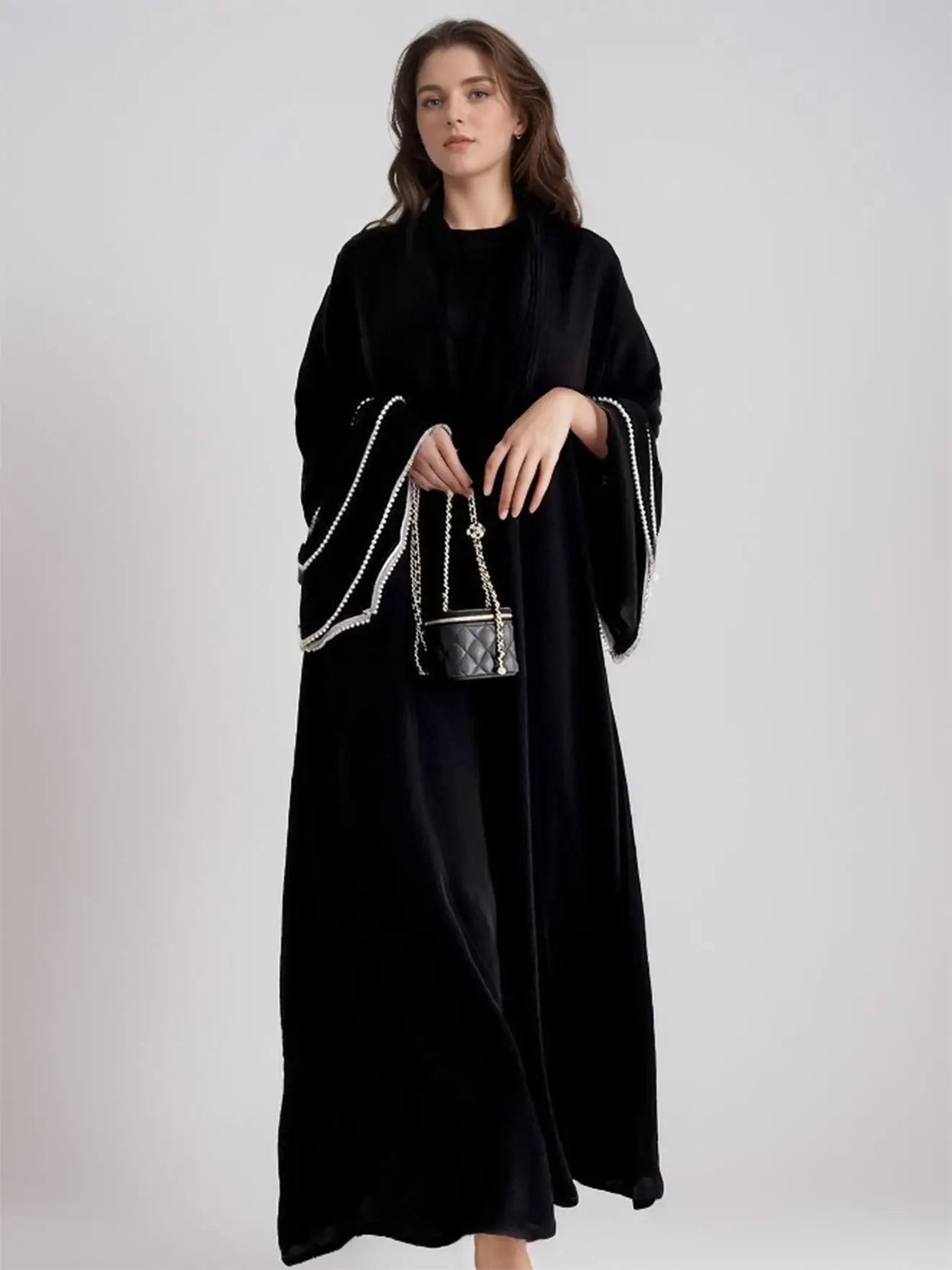 Pearl flared long sleeves full placket Muslim kaftan abaya