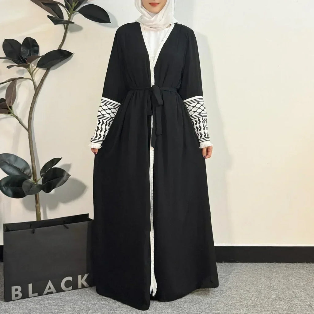 Palestinian Keffiyeh Embroidered Abaya - Long Sleeve Open Front