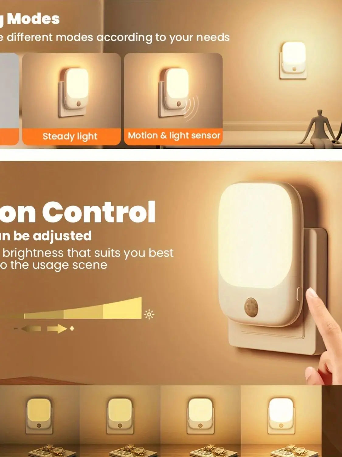 1/2Pc EU Plug Night Light with Motion Sensor, LED Night Light Socket with 3 Modes and 5 Brightness Dimmable for Bedroom