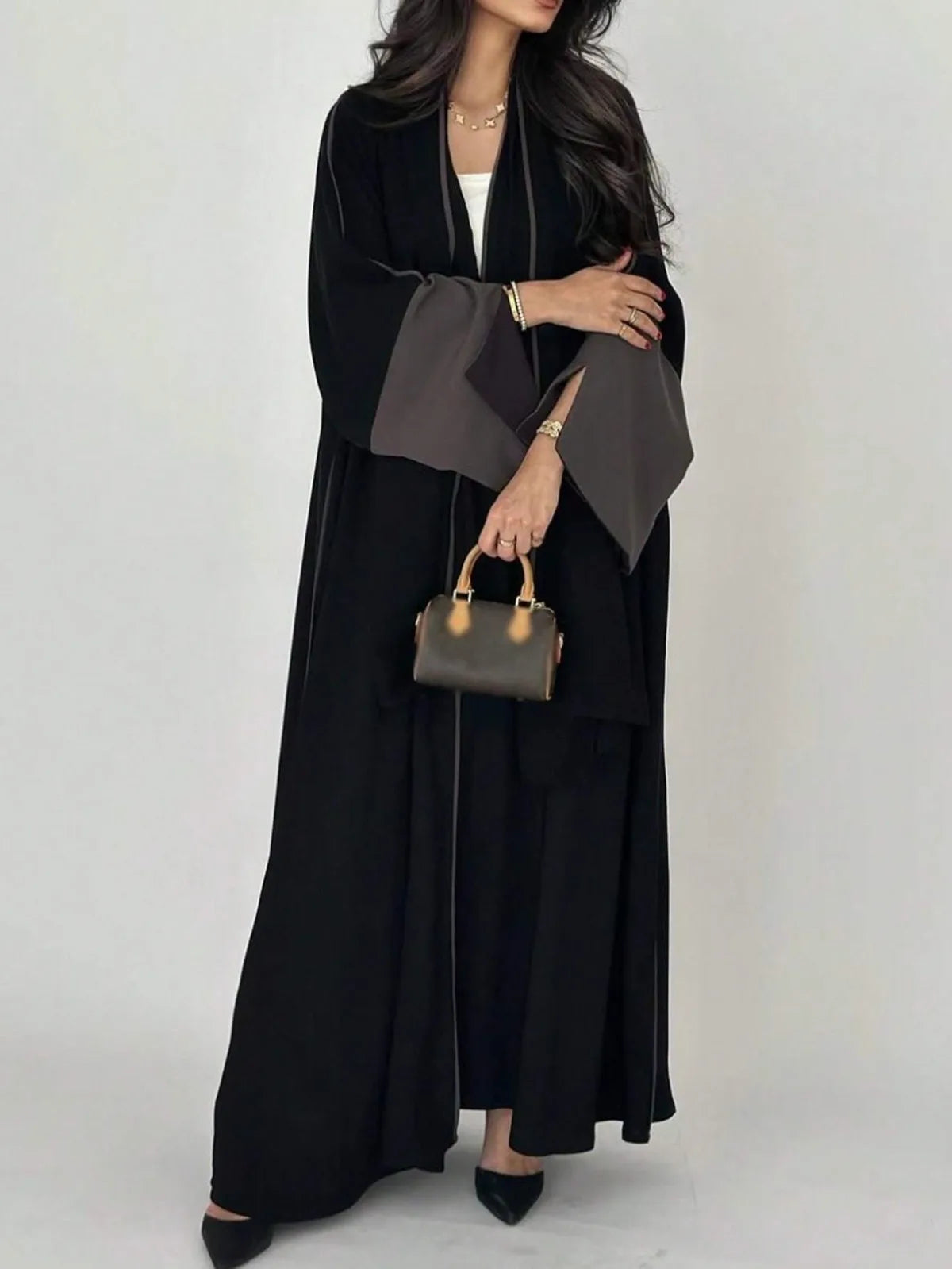 Black Abaya with Soft Color Accents - Open Front Long Sleeve