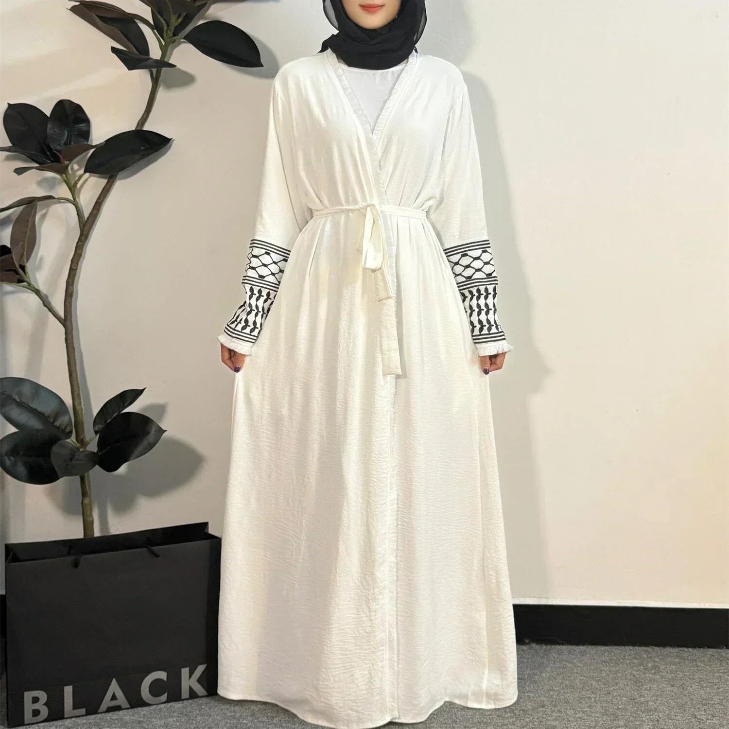 Palestinian Keffiyeh Embroidered Abaya - Long Sleeve Open Front