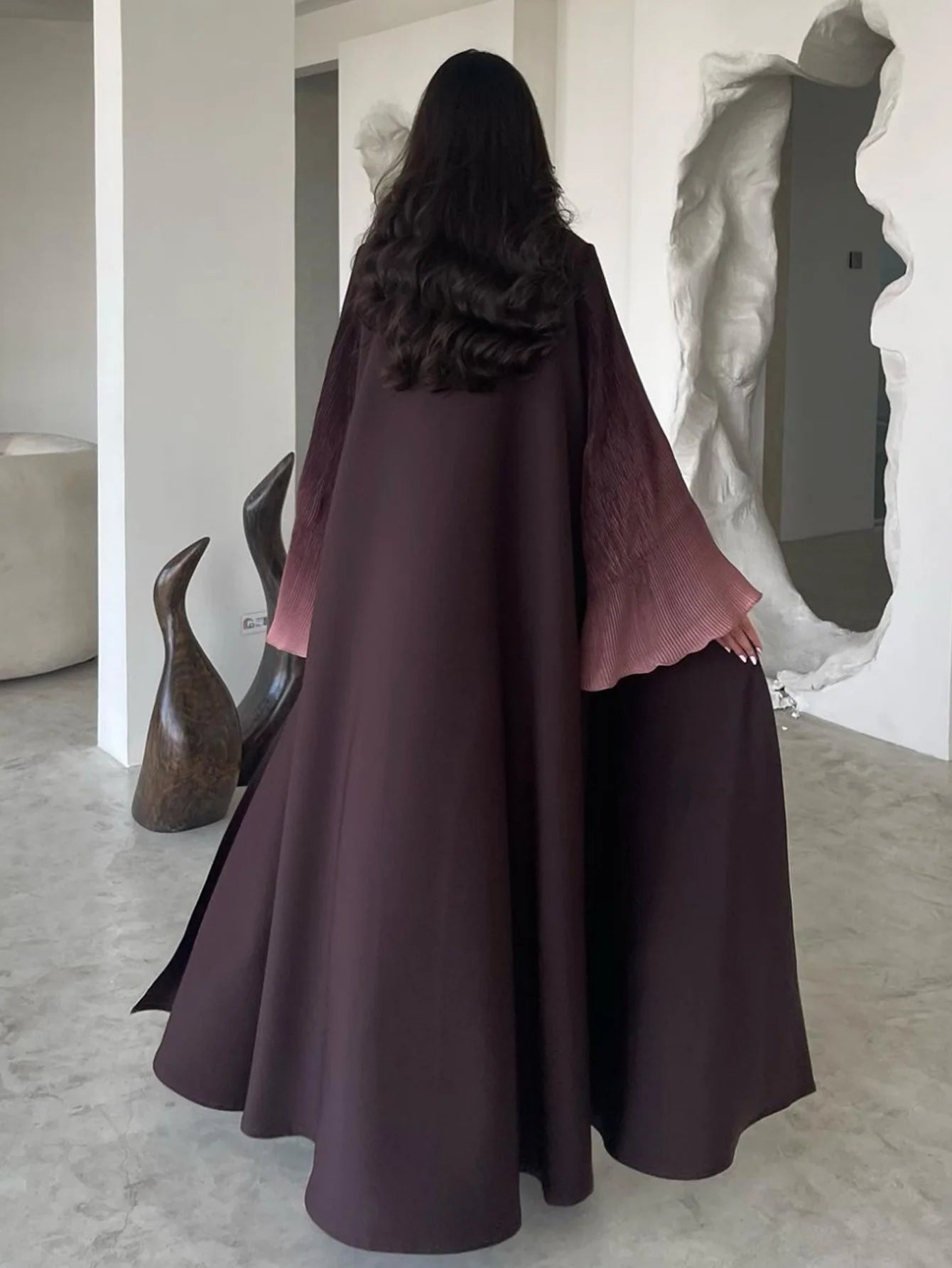 Flare Sleeve Pleated Abaya in Elegant Colors - Open Front Jilbab