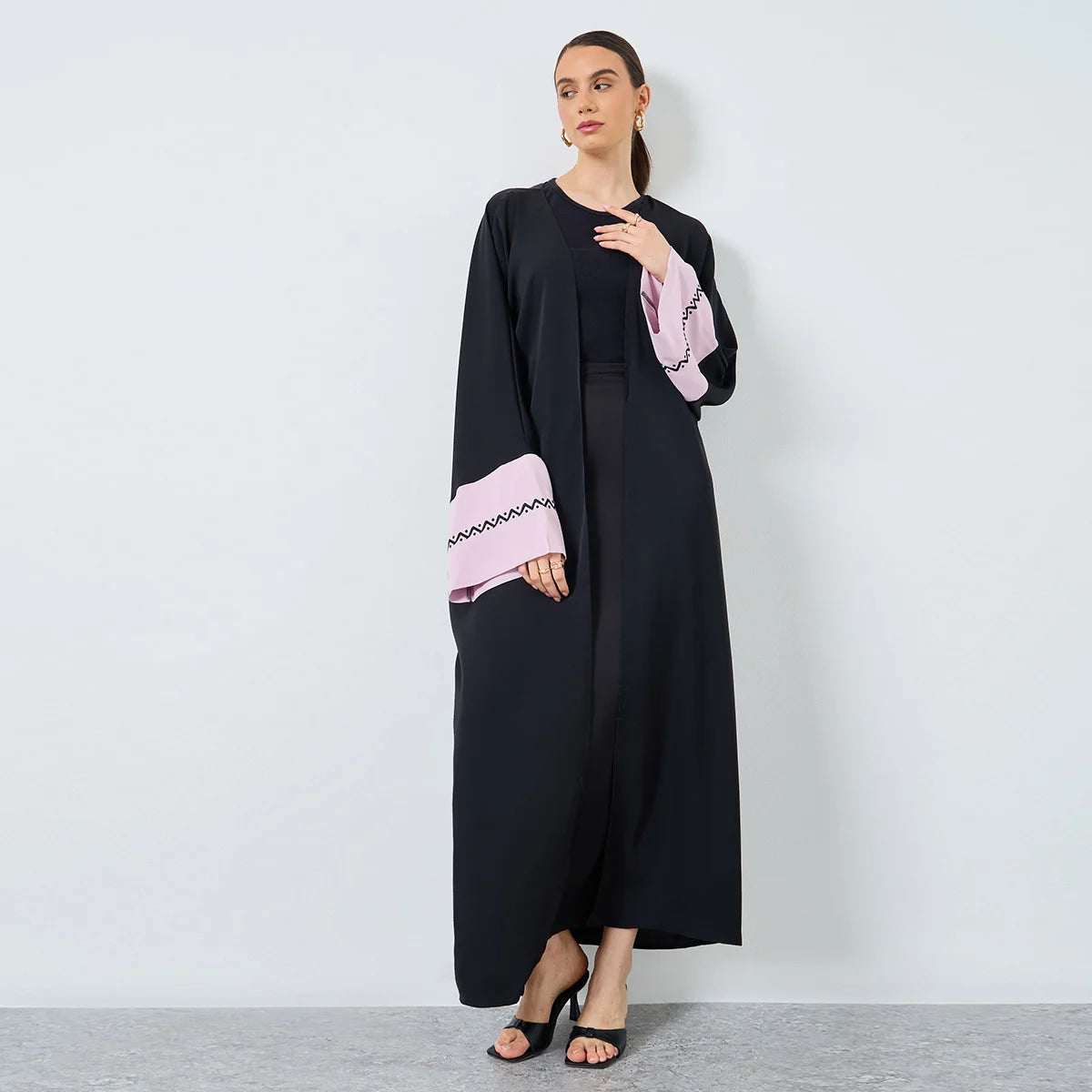 Embroidered Loose Abaya with Beautiful Color Touch - Open Front Long Sleeve Kaftan