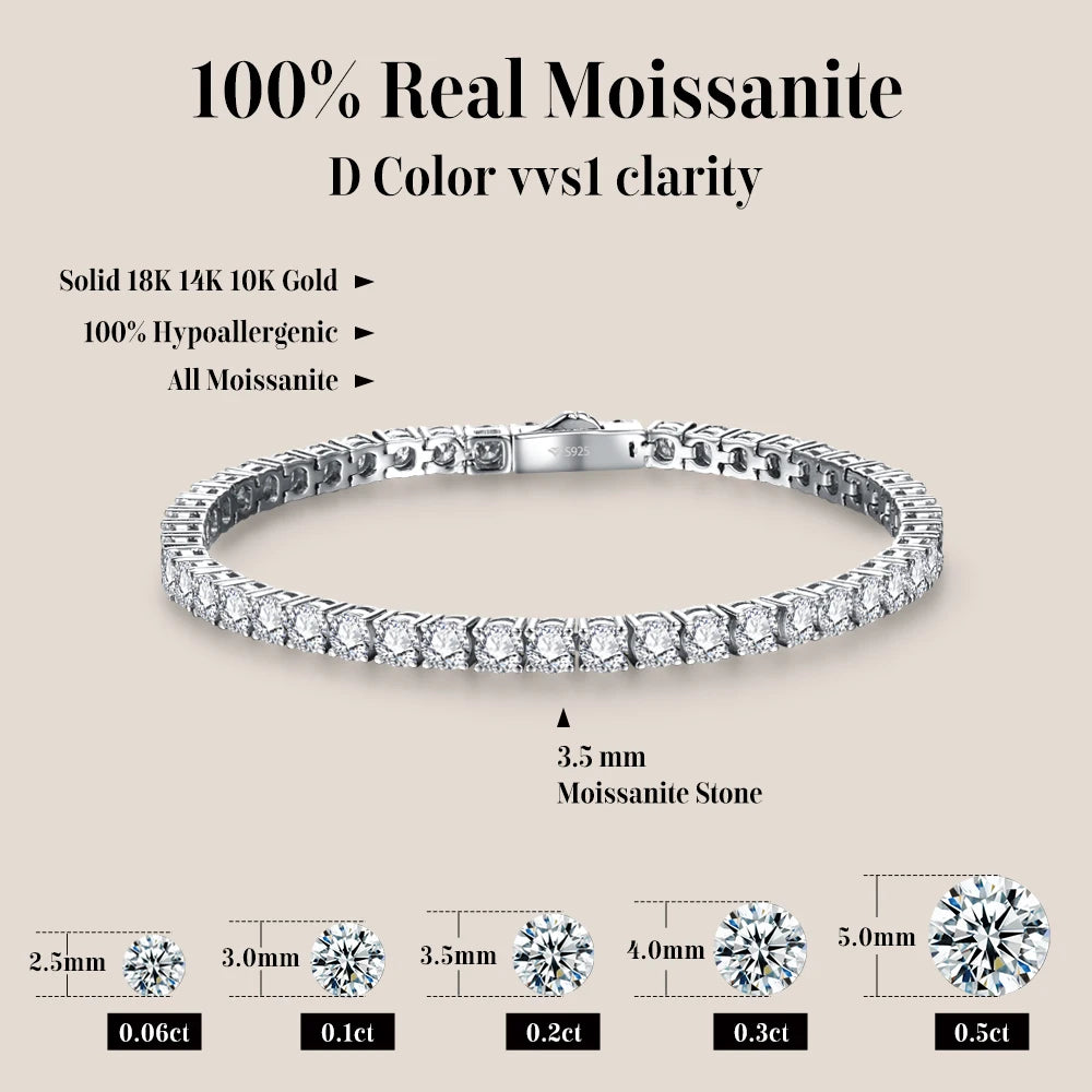 ATTAGEMS 4.0mm 5.0mm DVVS1 Pass Diamond Test Round Cut Moissanite Tennis Bracelet White Gold Plated 925 Silver Jewelry for Women
