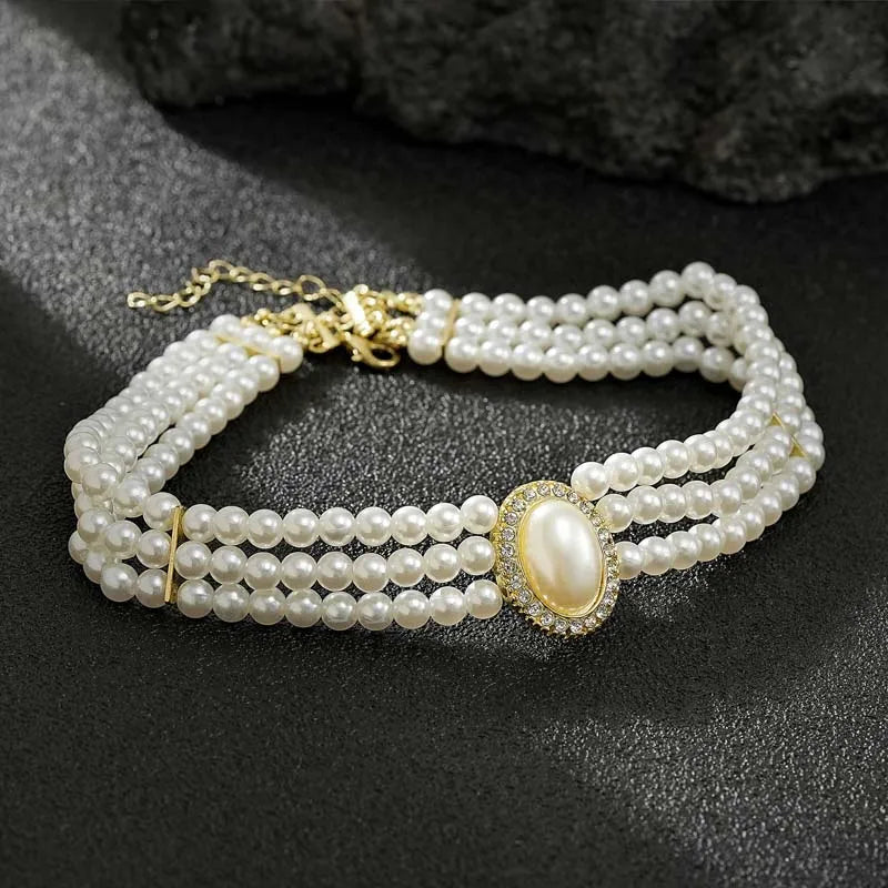 Vintage Multi-layer Imitation Pearl Short Choker Necklace For Women Elegant Handmade Beads Clavicle Chain Wedding Jewelry