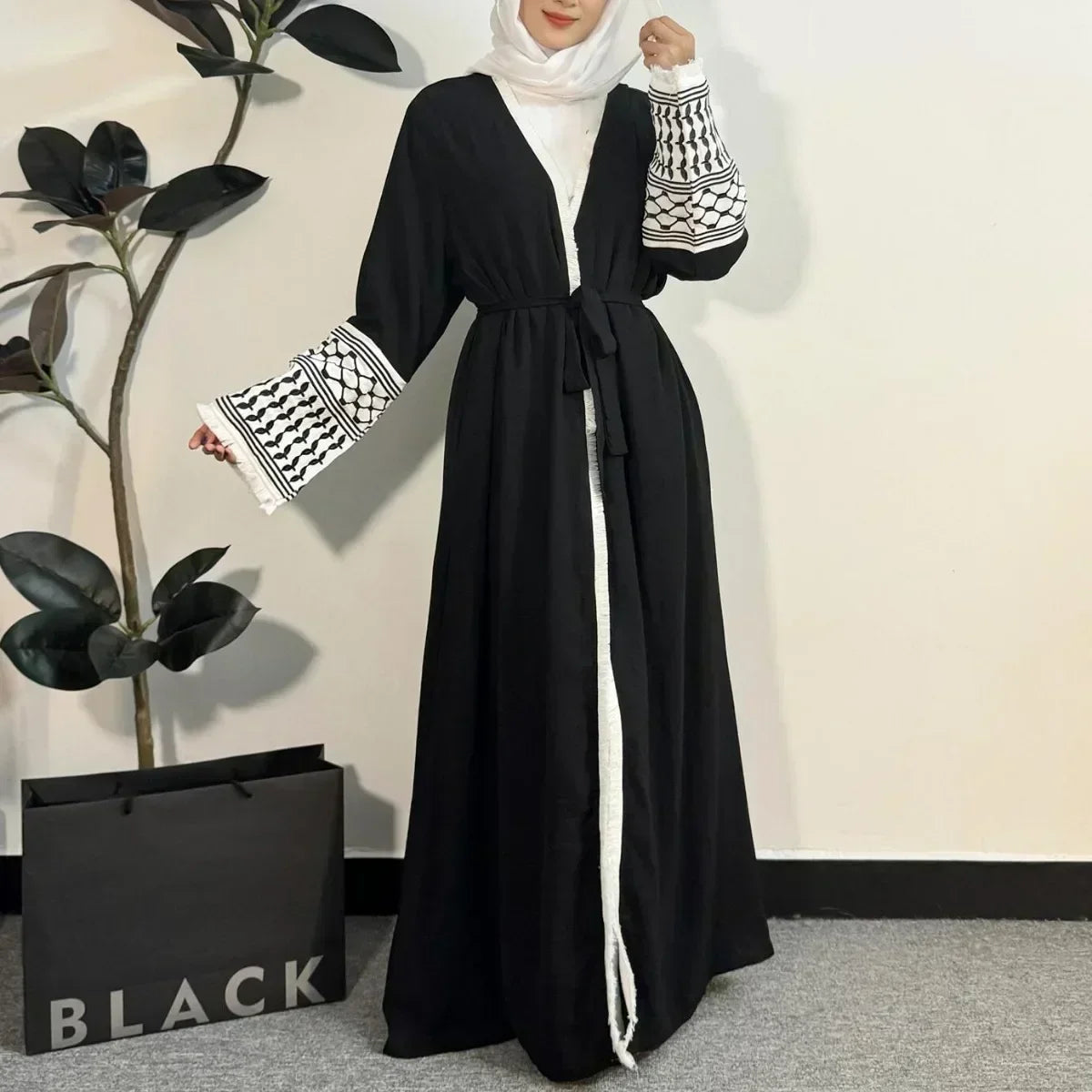 Palestinian Keffiyeh Embroidered Abaya - Long Sleeve Open Front