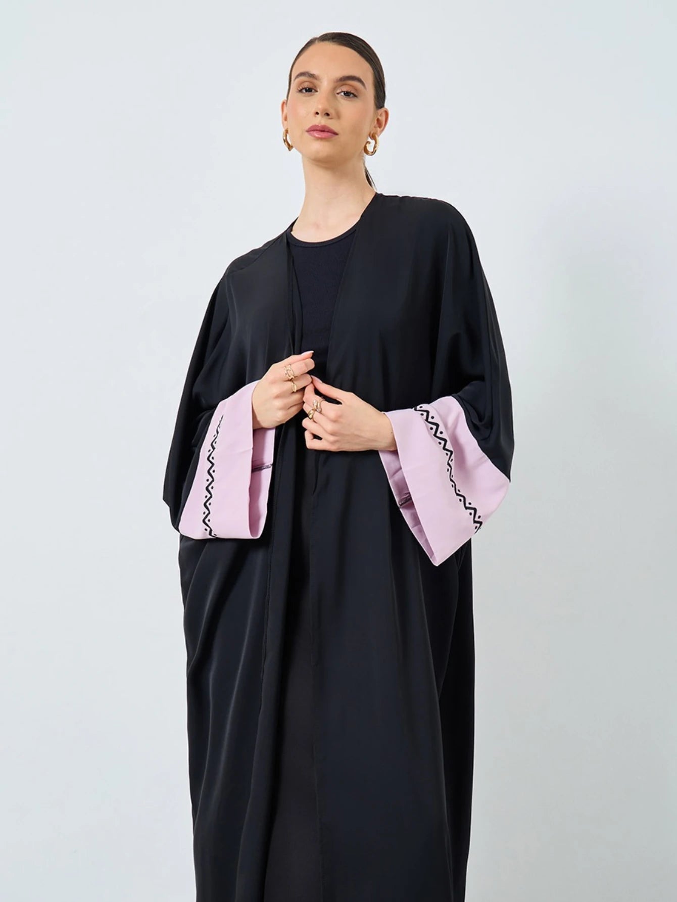 Embroidered Loose Abaya with Beautiful Color Touch - Open Front Long Sleeve Kaftan