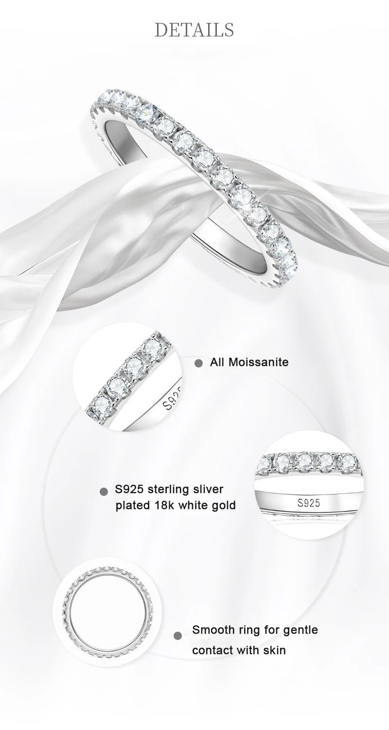 KNOBSPIN 2mm D Color Moissanite Ring 925 Sterling Sliver Solid 18k White Gold Eternity Band Wedding Engagement Rings For Women