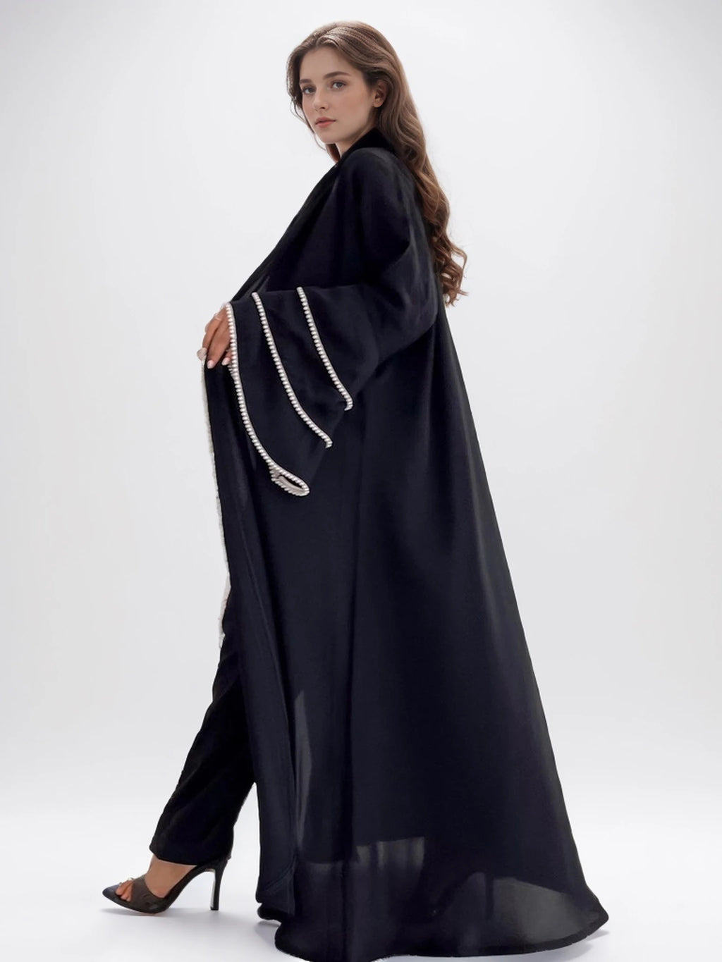 Pearl flared long sleeves full placket Muslim kaftan abaya