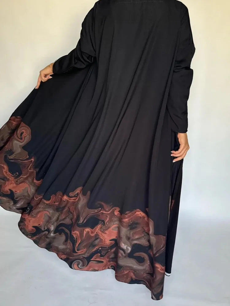 Black Abaya with Beautiful Small Print - Full Sleeve Open Front Jilbab
