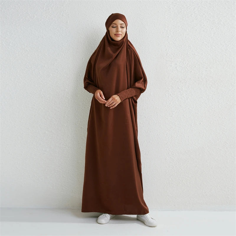 One-Piece Hooded Abaya - Prayer Dress with Embroidered Sleeves
