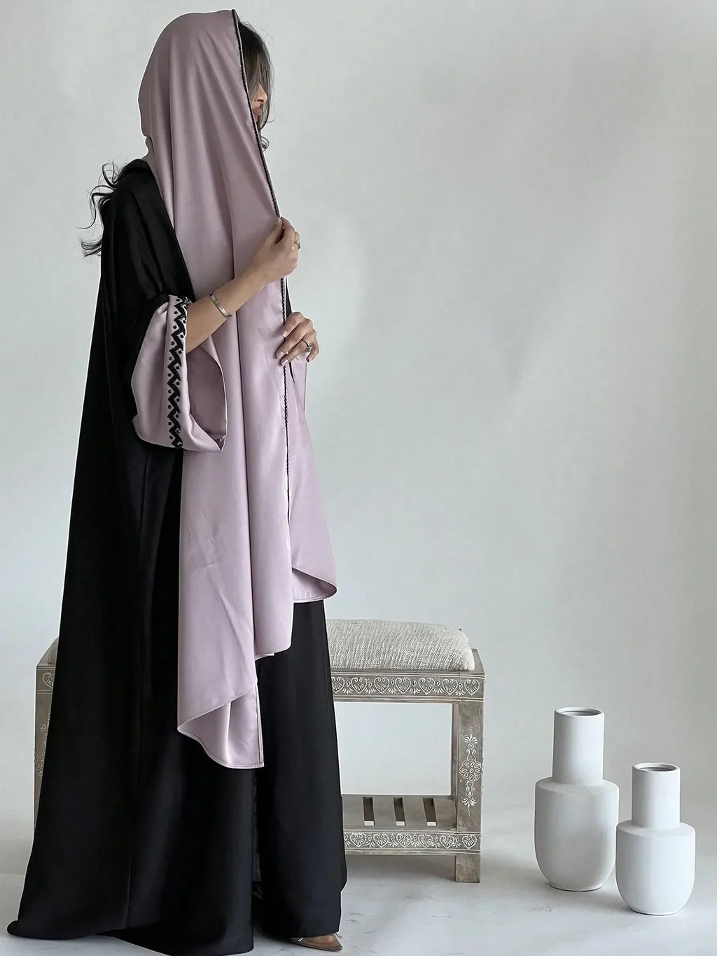 Embroidered Kaftan Abaya with Hijab - Full Sleeves