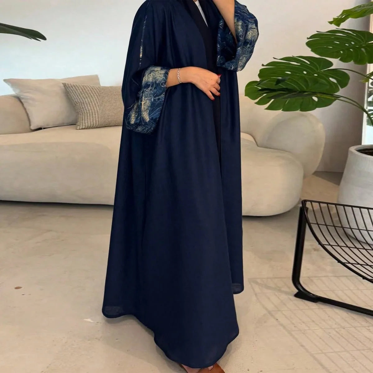 Elegant Navy Blue Abaya with Beautiful Sleeves - Open Front