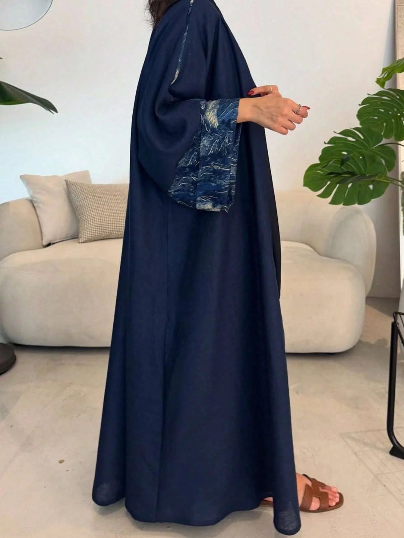 Elegant Navy Blue Abaya with Beautiful Sleeves - Open Front