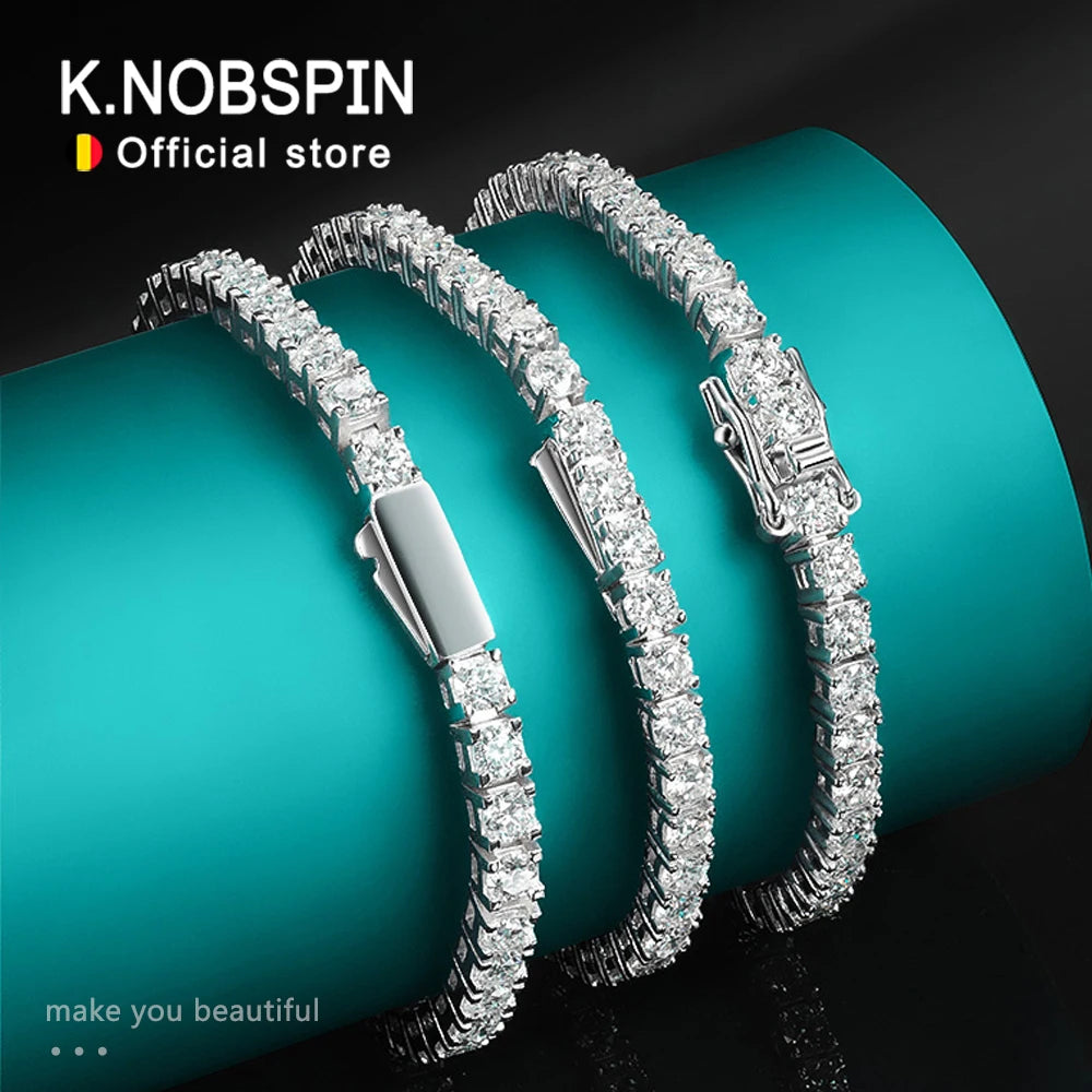 KNOBSPIN D VVS1 Moissanite Tennis Bracelet Original s925 Sterling Silver Plated 18k White Gold with GRA Bracelets for Women Man