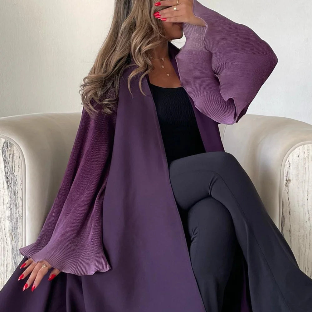 Flare Sleeve Pleated Abaya in Elegant Colors - Open Front Jilbab