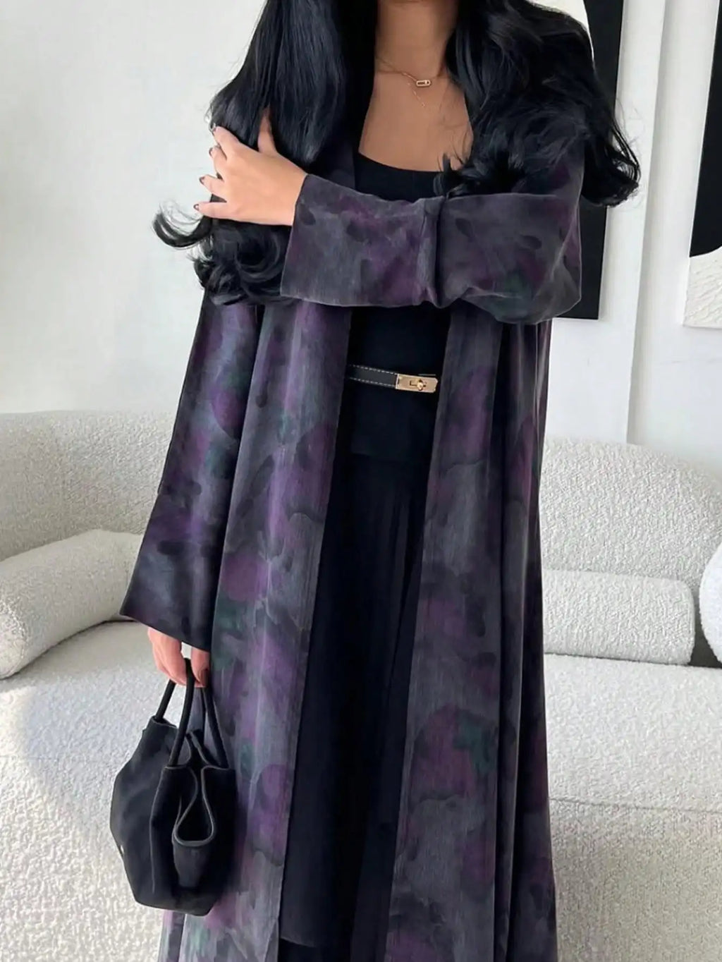 Floral Printed Open Front Abaya - Full Sleeve Kaftan