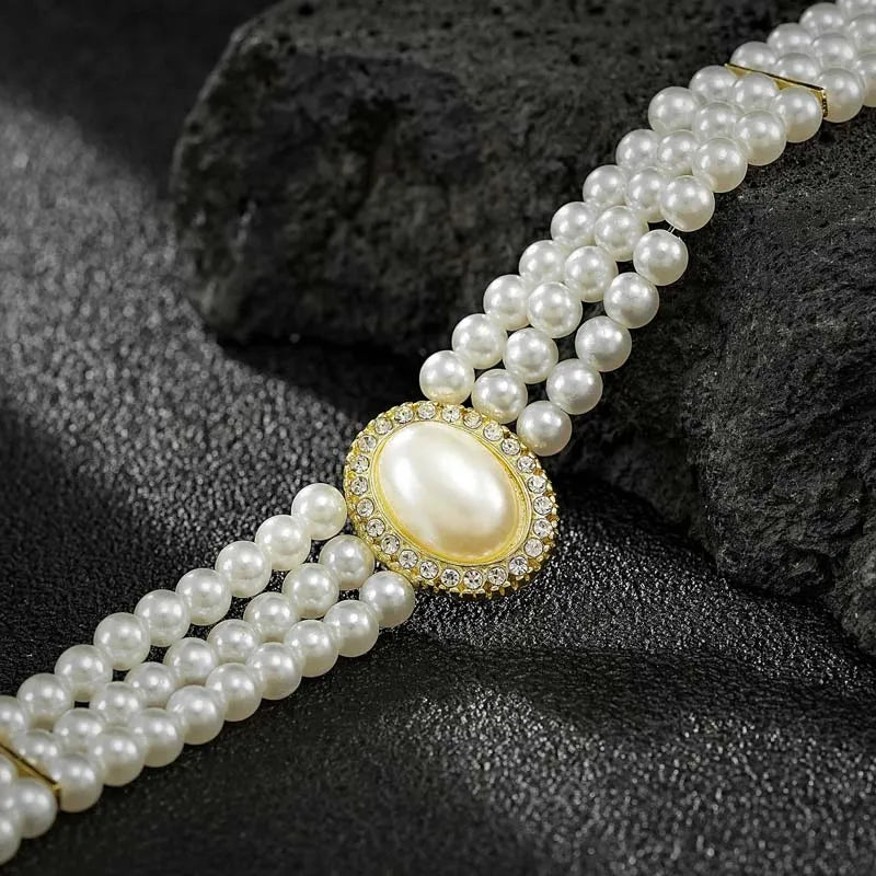 Vintage Multi-layer Imitation Pearl Short Choker Necklace For Women Elegant Handmade Beads Clavicle Chain Wedding Jewelry