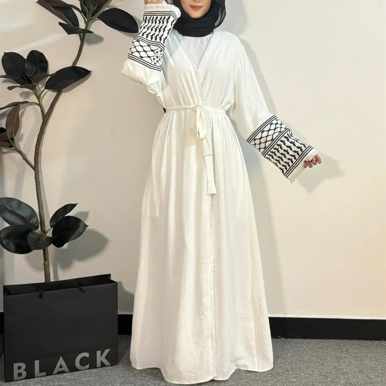 Palestinian Keffiyeh Embroidered Abaya - Long Sleeve Open Front