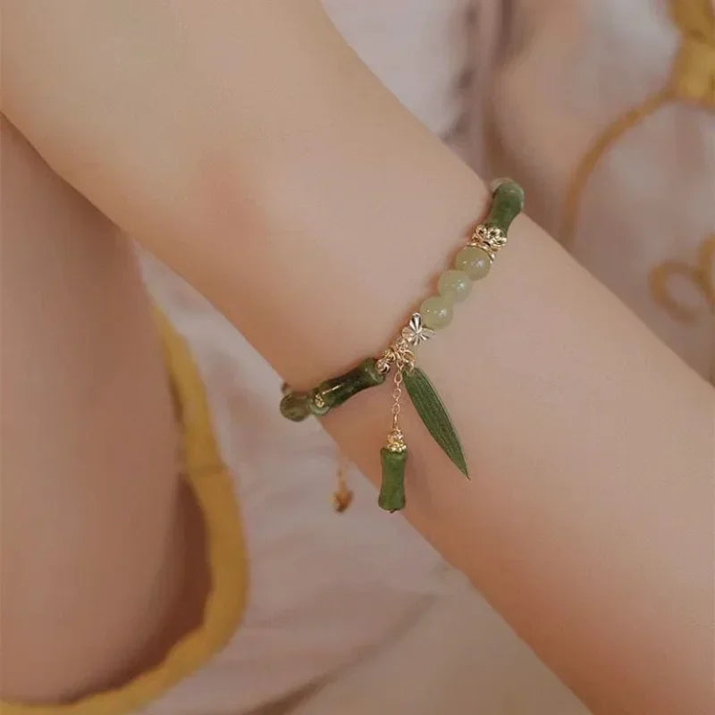 Style Retro Green Bamboo Joint Beaded Bracelet For Women's Fashion Simple Charm Alloy Leaf Bracelet Jewelry Gift