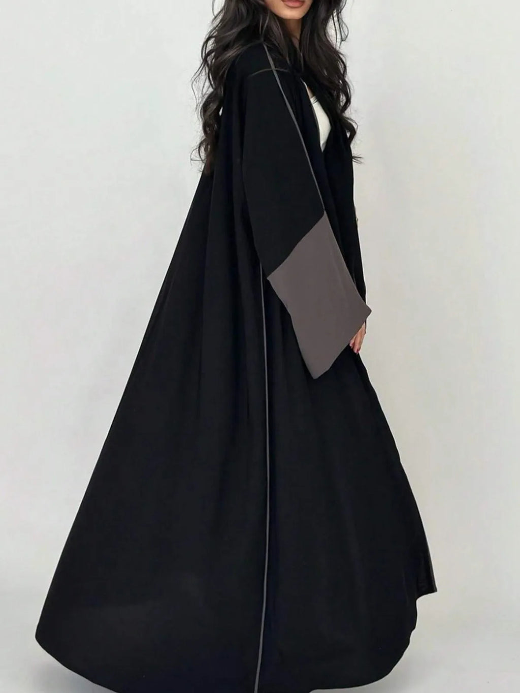 Black Abaya with Soft Color Accents - Open Front Long Sleeve