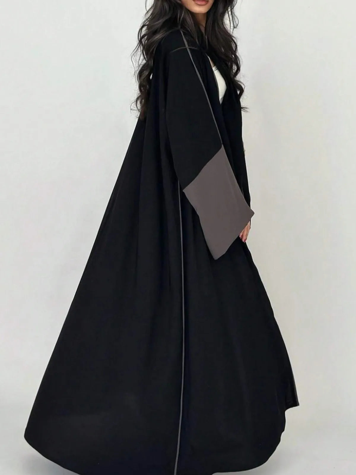 Black Abaya with Soft Color Accents - Open Front Long Sleeve