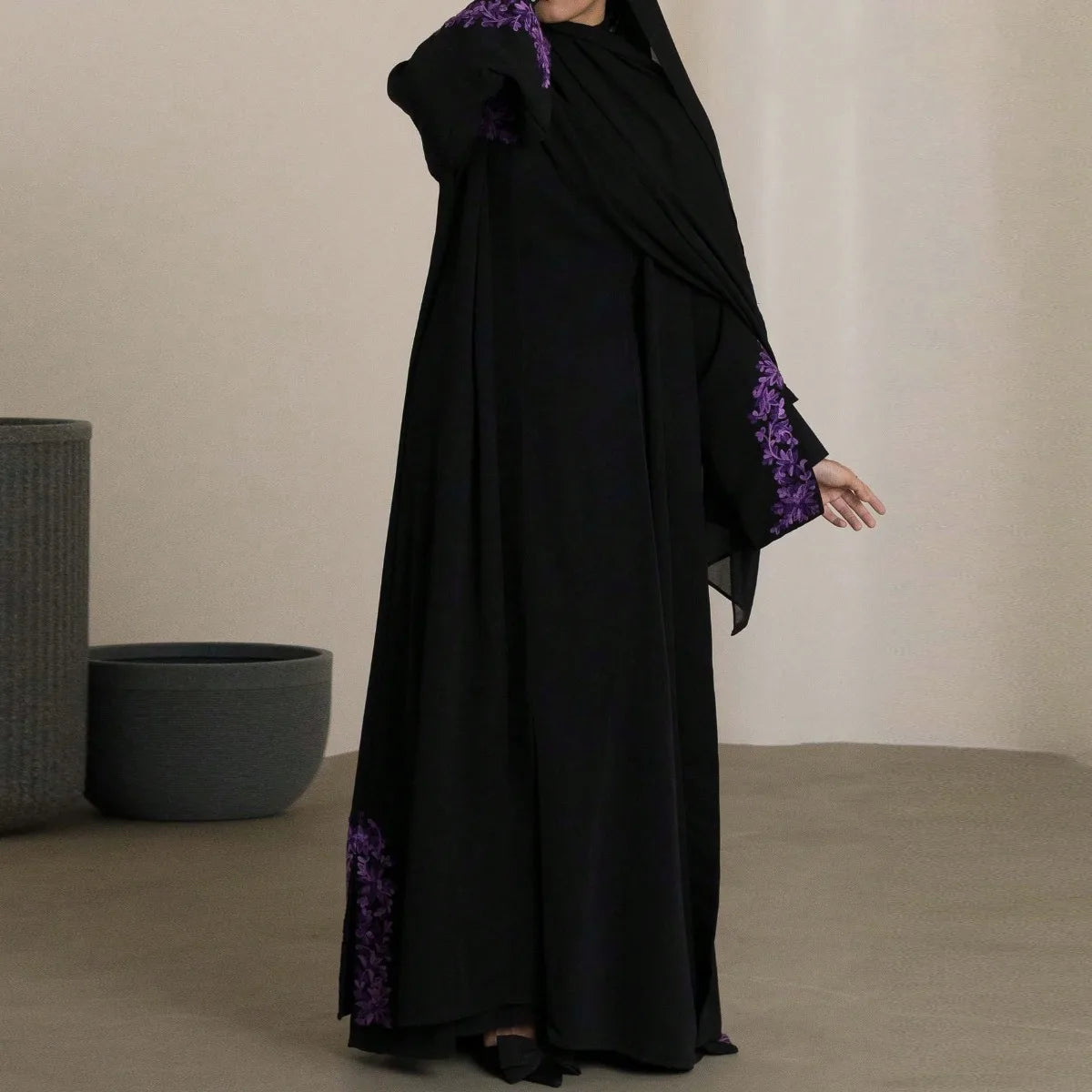Purple Embroidered Loose Abaya - Long Sleeve Kaftan