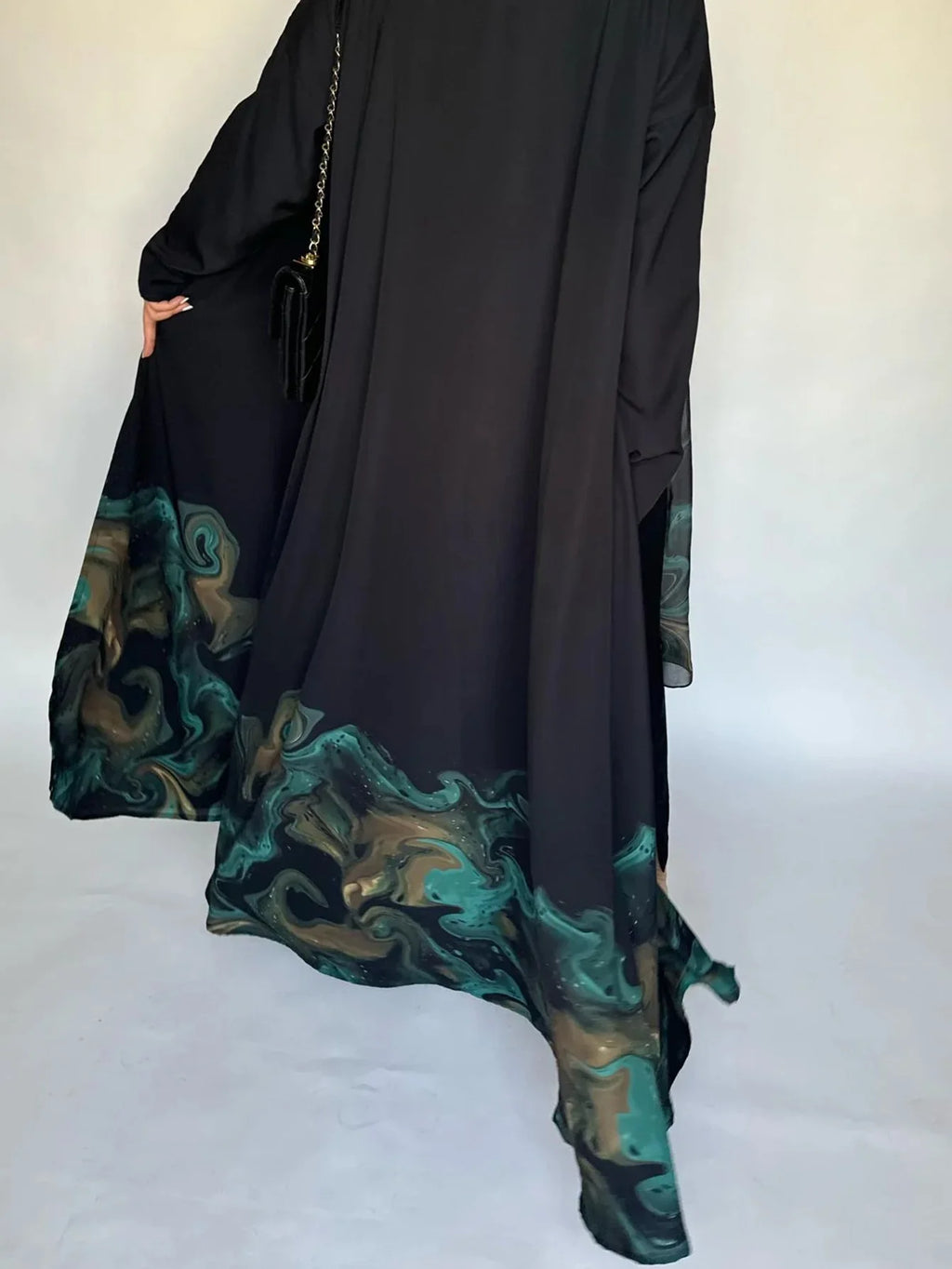 Black Abaya with Beautiful Small Print - Full Sleeve Open Front Jilbab