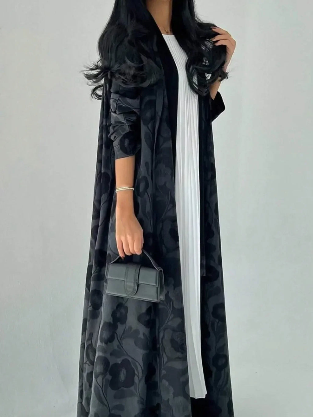 Floral Printed Open Front Abaya - Full Sleeve Kaftan