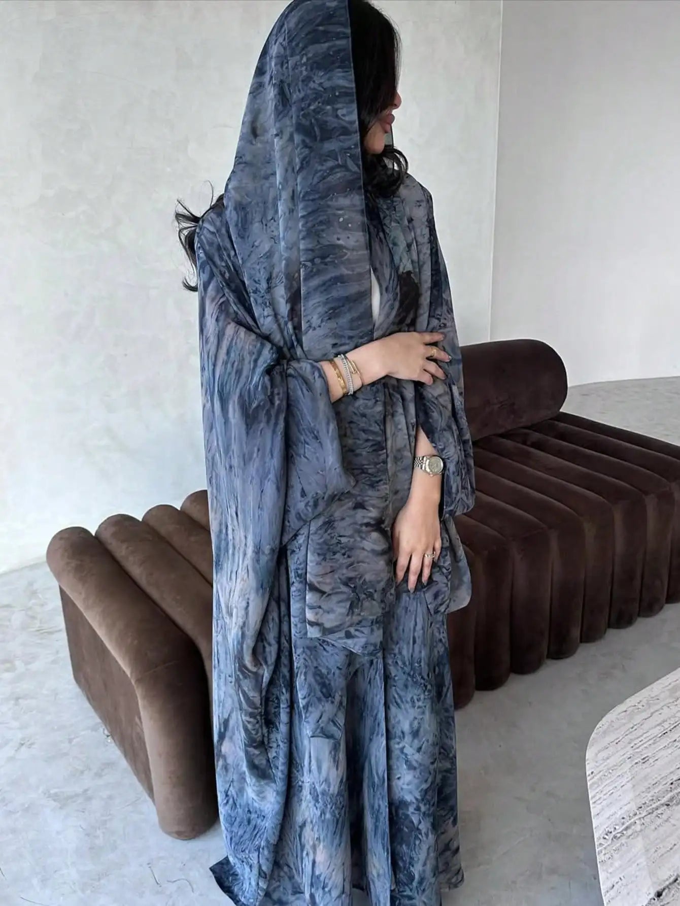 Open Abaya with Beautiful Sky Blue Tie Dye