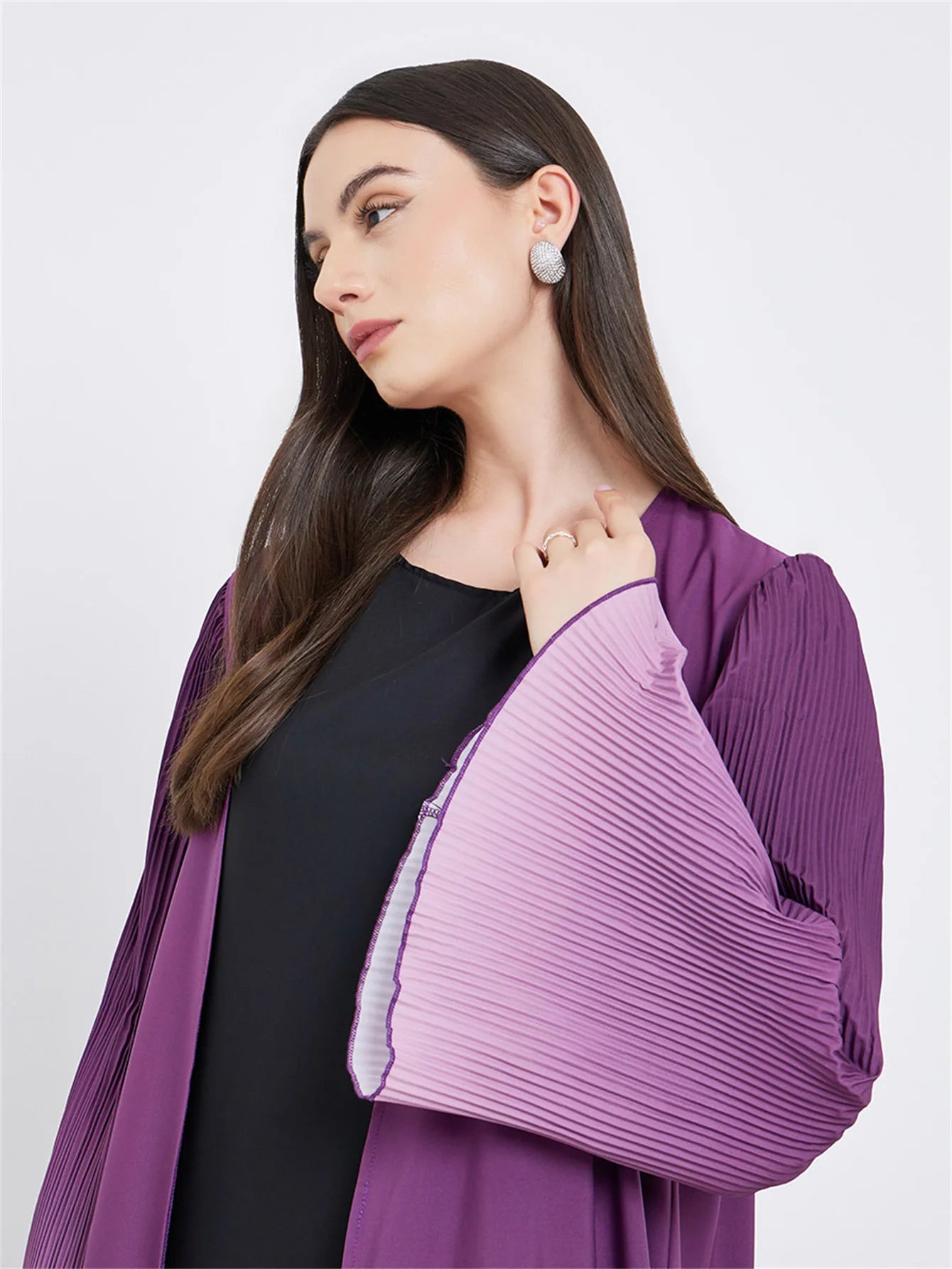 Pleated Flare Sleeve Abaya - Open Front