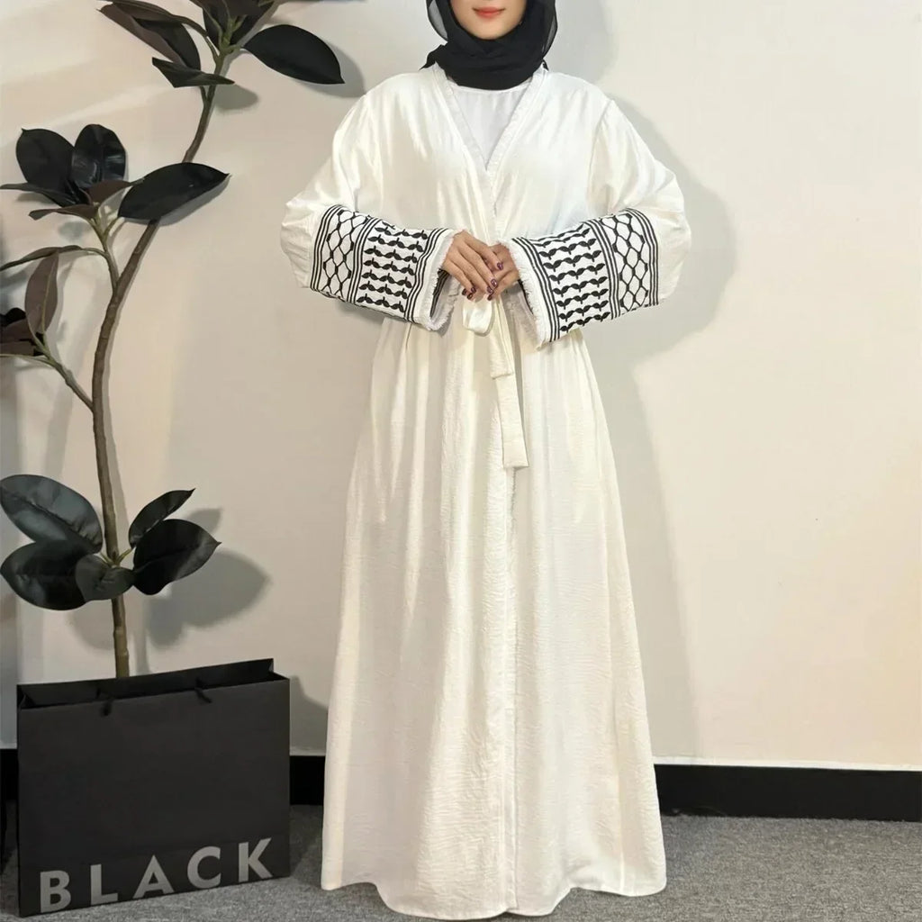Palestinian Keffiyeh Embroidered Abaya - Long Sleeve Open Front