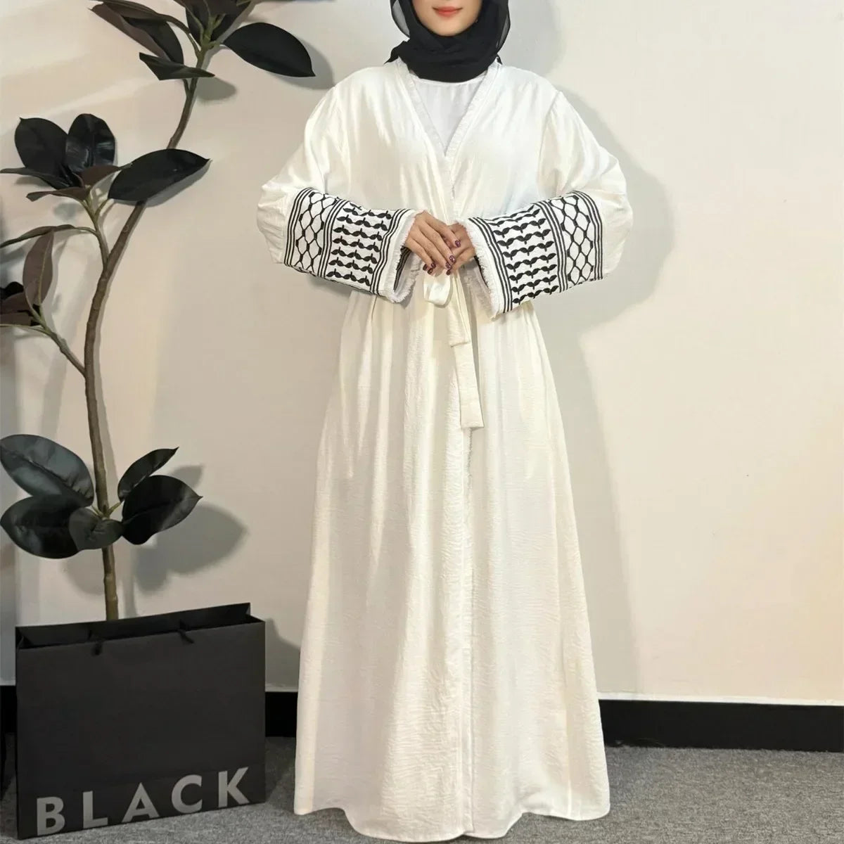 Palestinian Keffiyeh Embroidered Abaya - Long Sleeve Open Front