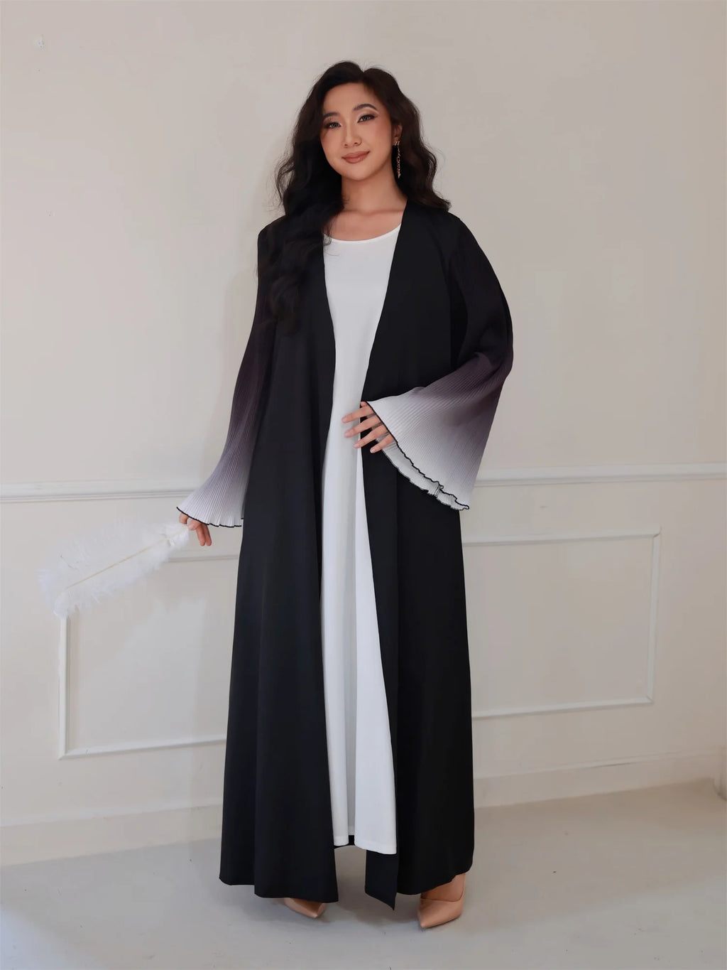 Elegant Sea Waves Open Abaya with Flare Sleeves