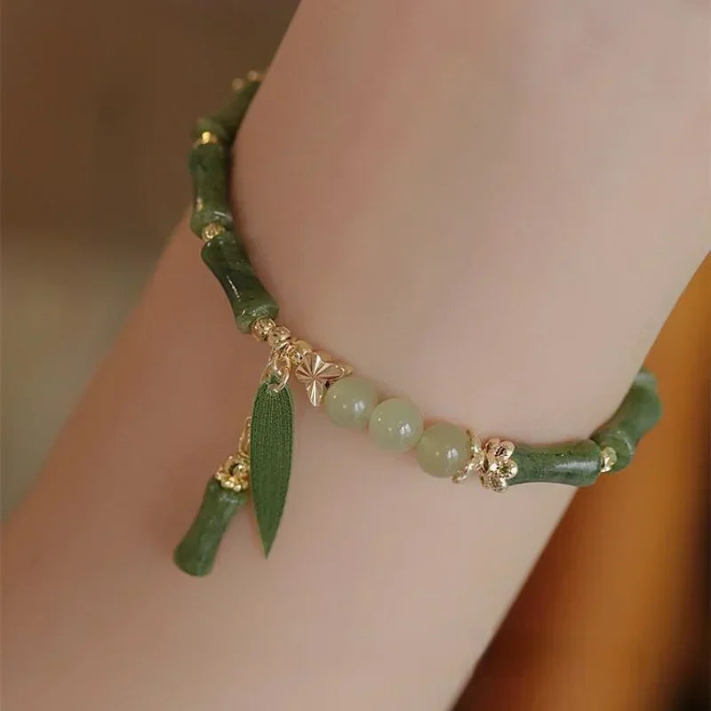 Style Retro Green Bamboo Joint Beaded Bracelet For Women's Fashion Simple Charm Alloy Leaf Bracelet Jewelry Gift