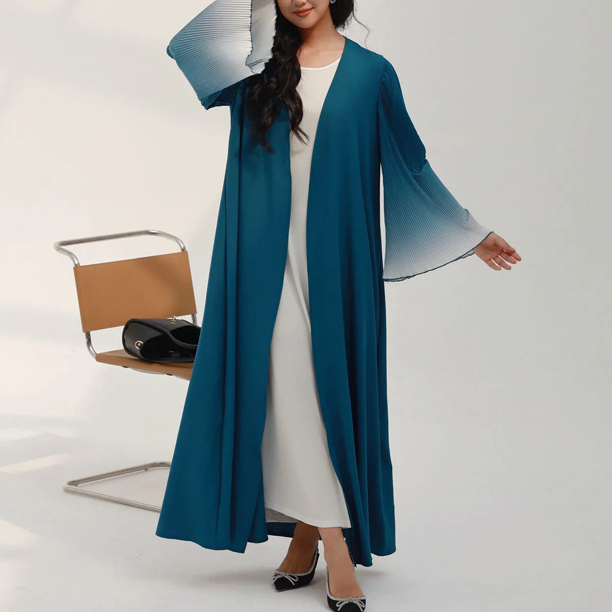 Elegant Sea Wave Flare Sleeve Abaya - Open Front