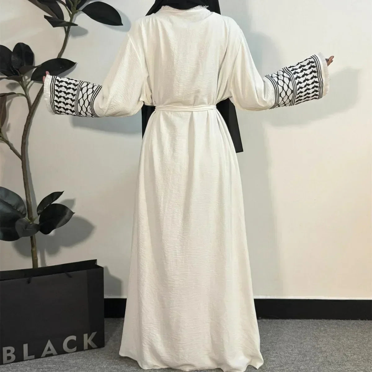 Palestinian Keffiyeh Embroidered Abaya - Long Sleeve Open Front