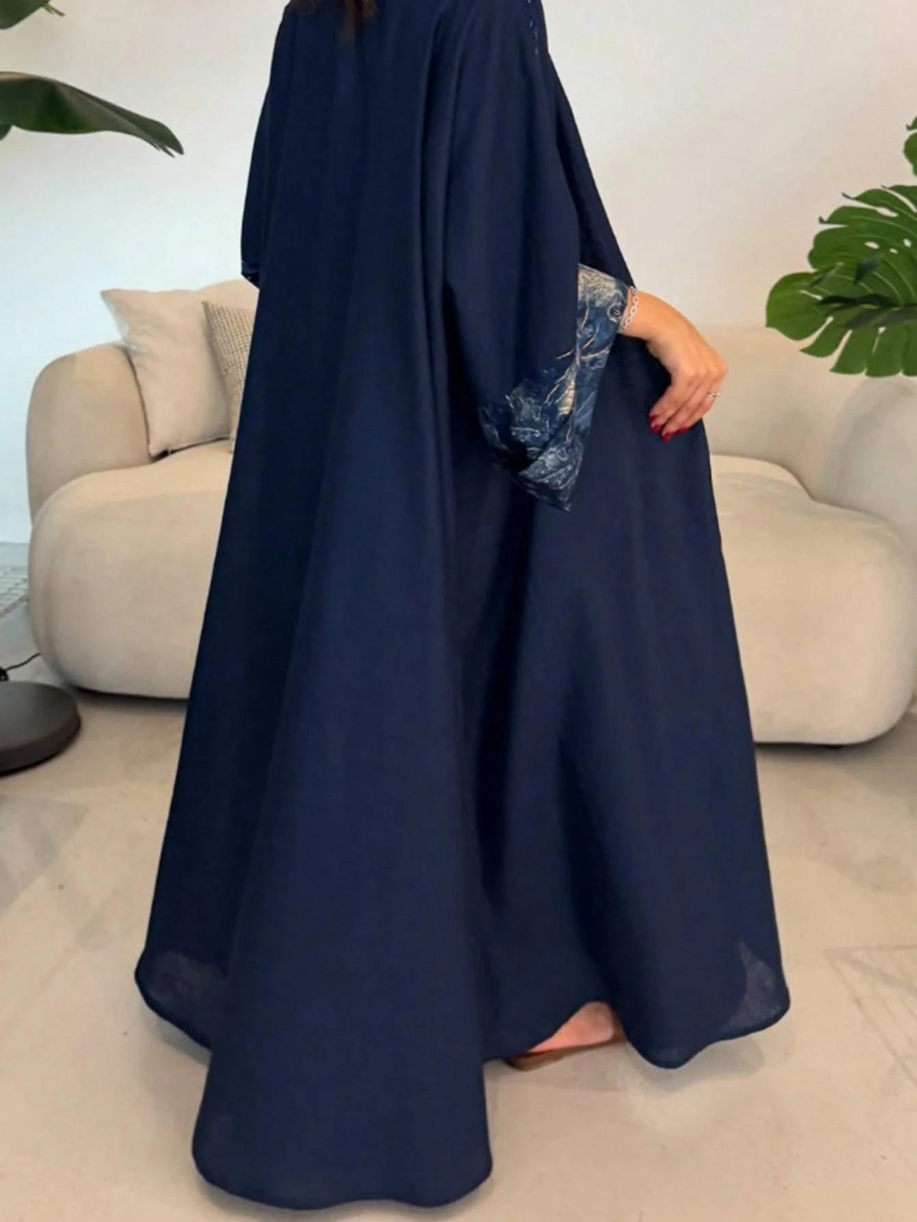 Elegant Navy Blue Abaya with Beautiful Sleeves - Open Front