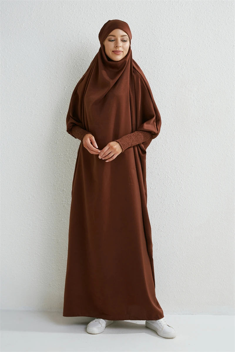 One-Piece Hooded Abaya - Prayer Dress with Embroidered Sleeves