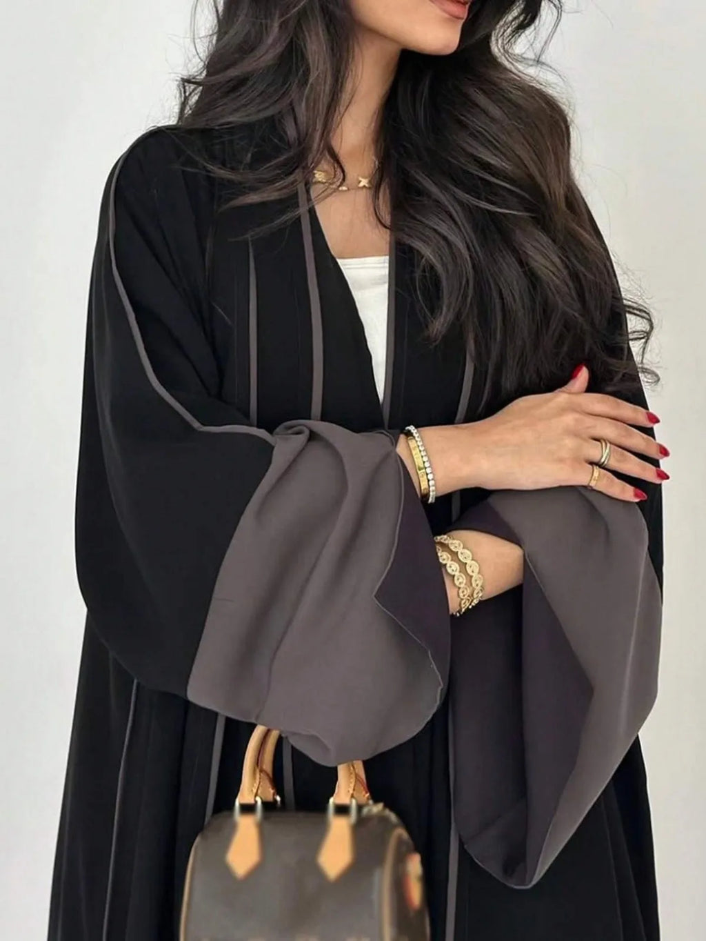 Black Abaya with Soft Color Accents - Open Front Long Sleeve