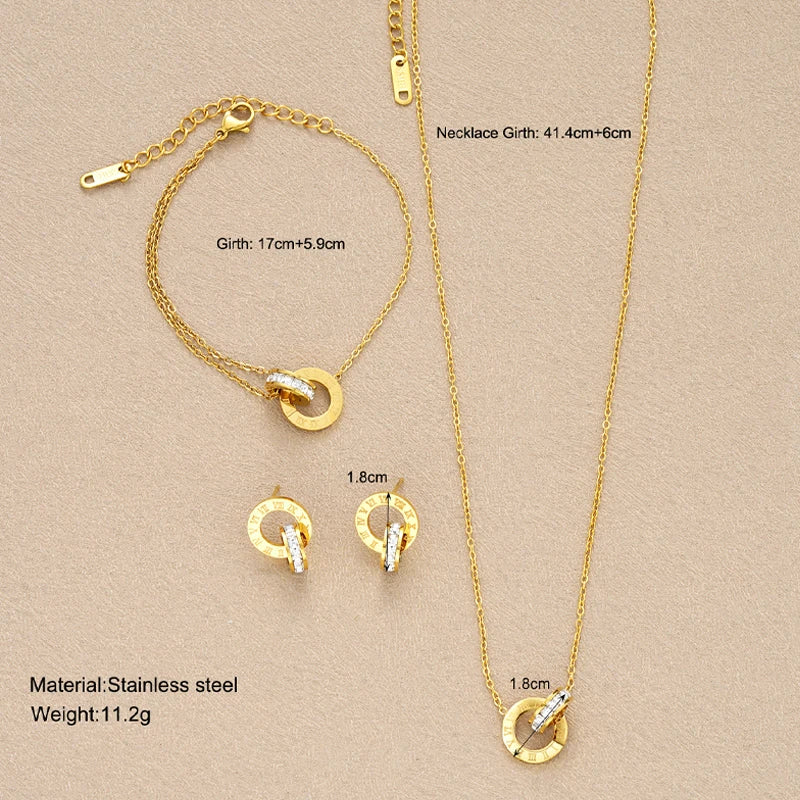 4Pcs/Set Gold Color Stainless Steel Crystal Necklace Bracelet Earrings for Women Interlocking Circles Roman Numbers Jewelry Sets