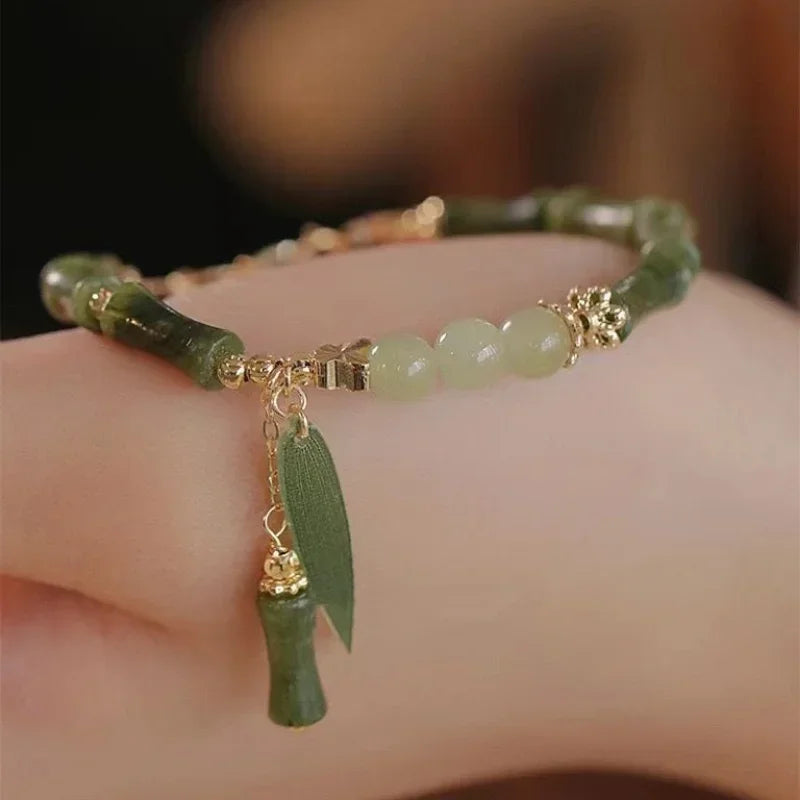 Style Retro Green Bamboo Joint Beaded Bracelet For Women's Fashion Simple Charm Alloy Leaf Bracelet Jewelry Gift