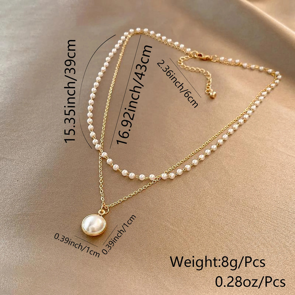 1 set of white large pearl multi-layer retro style women's titanium steel plated 18k gold necklace