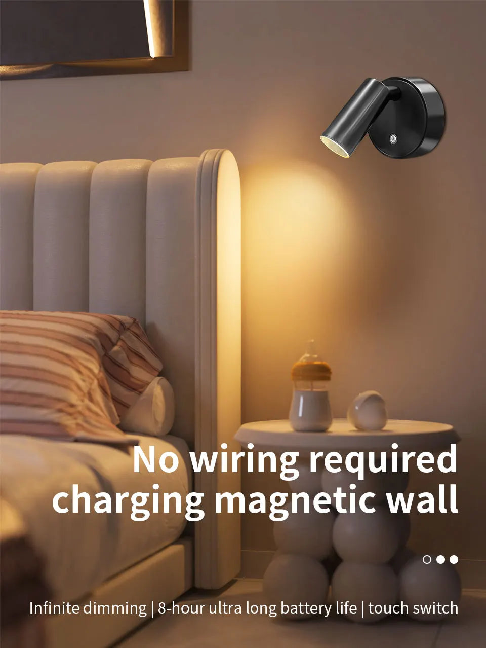 Magnetic Base USB Rechargeable LED Cordless Wall Light Touch Switch Black White Gold Silvery Dimmable Bedside Lamp For Reading