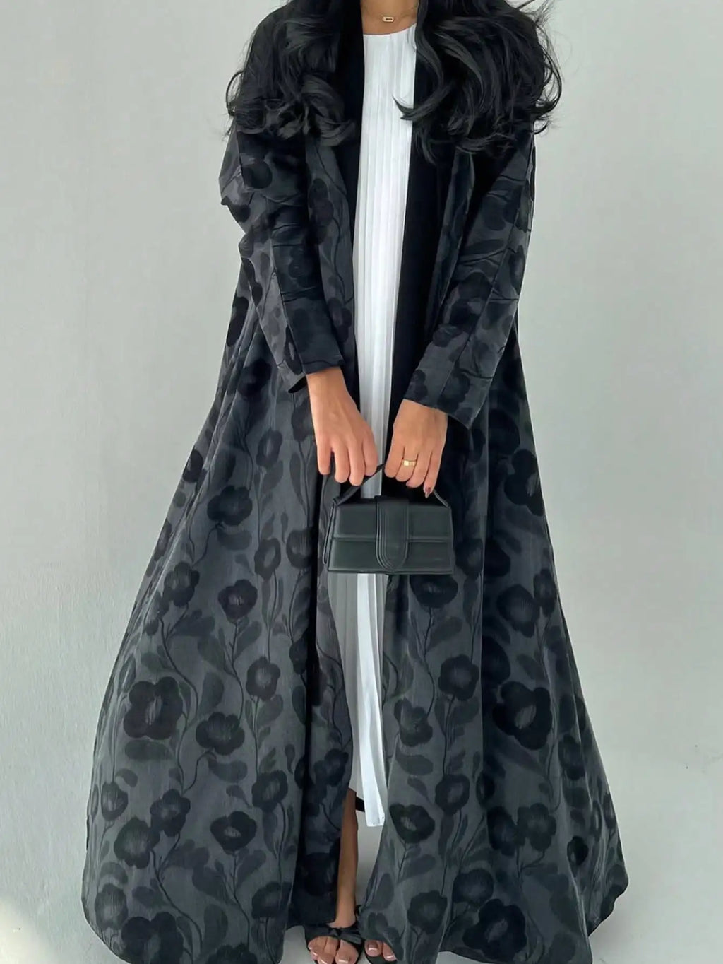 Floral Printed Open Front Abaya - Full Sleeve Kaftan