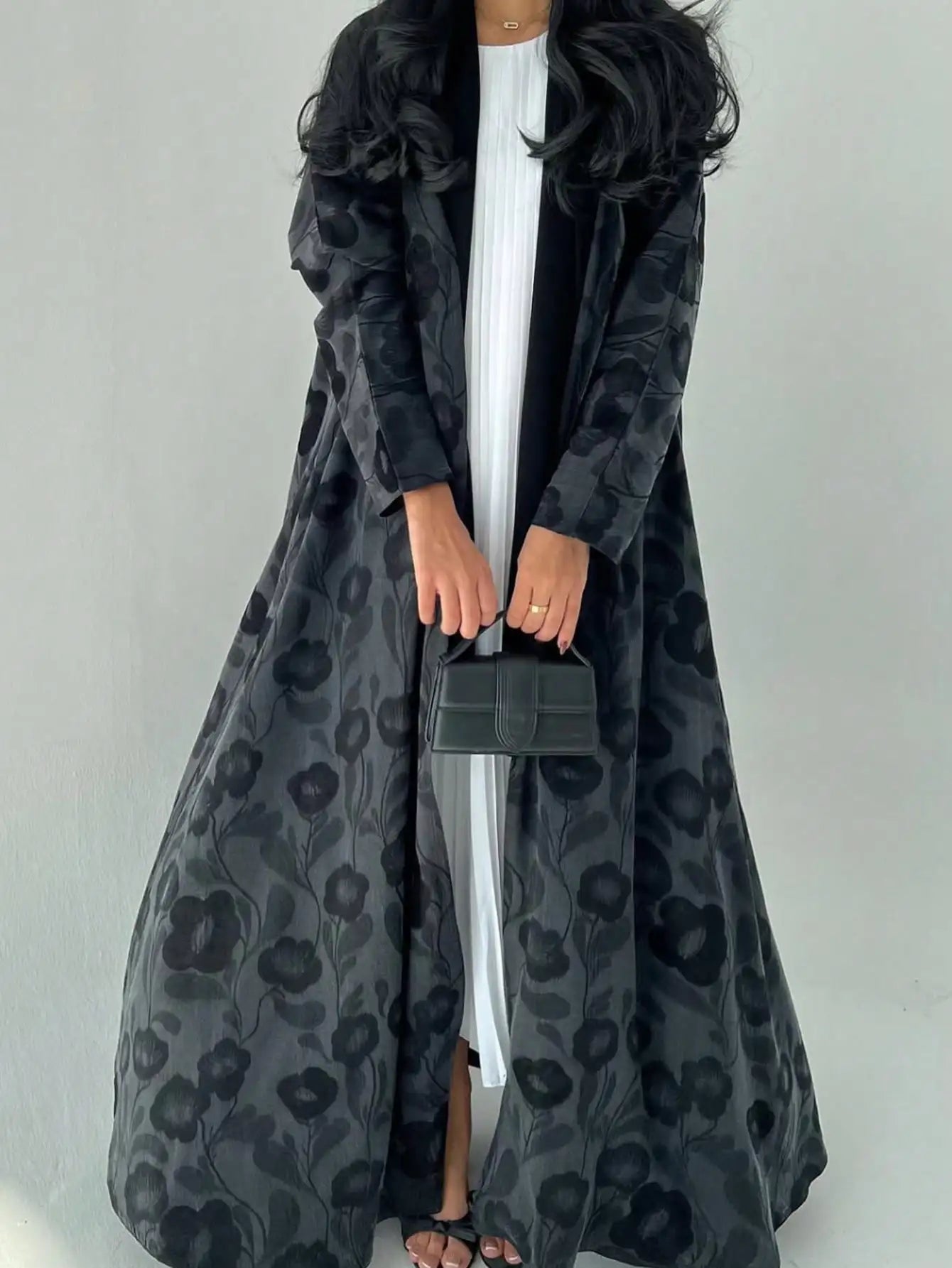 Floral Printed Open Front Abaya - Full Sleeve Kaftan